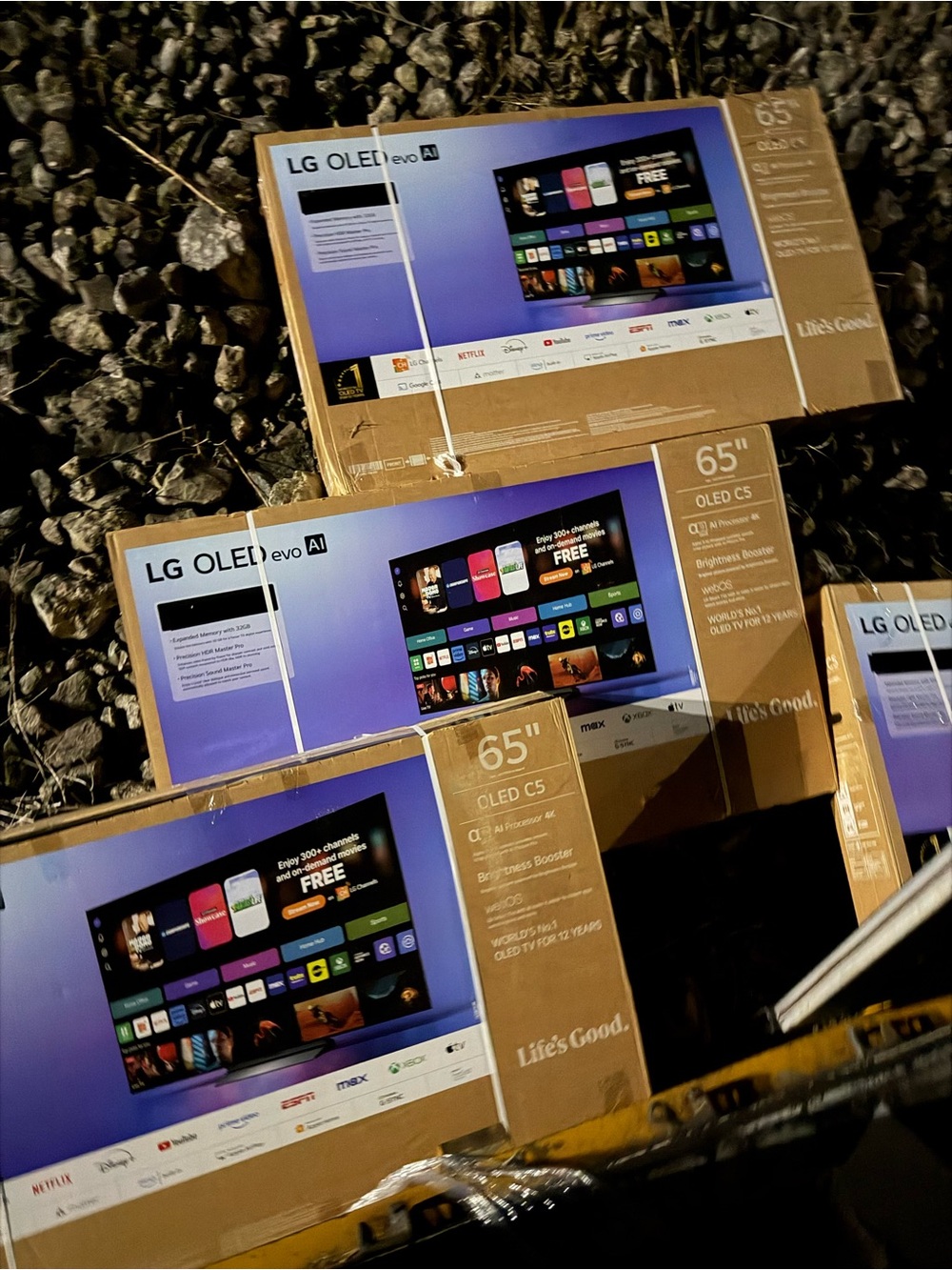 LG 65" OLED TV Boxes with Purple and Gold Artwork